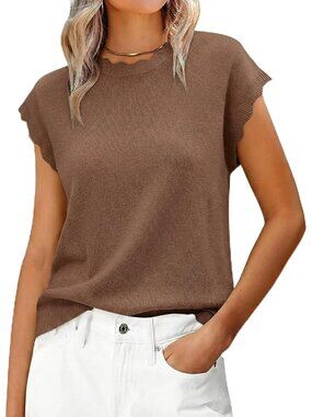 Women's Coffee Summer Cap Sleeve Lightweight Knit Sweater Soft Scallop Top